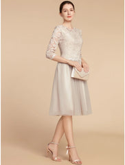 Aimishang A-Line Mother of the Bride Dress Wedding Guest Elegant Petite Jewel Neck Knee Length Lace Tulle Half Sleeve with Pleats Solid Color