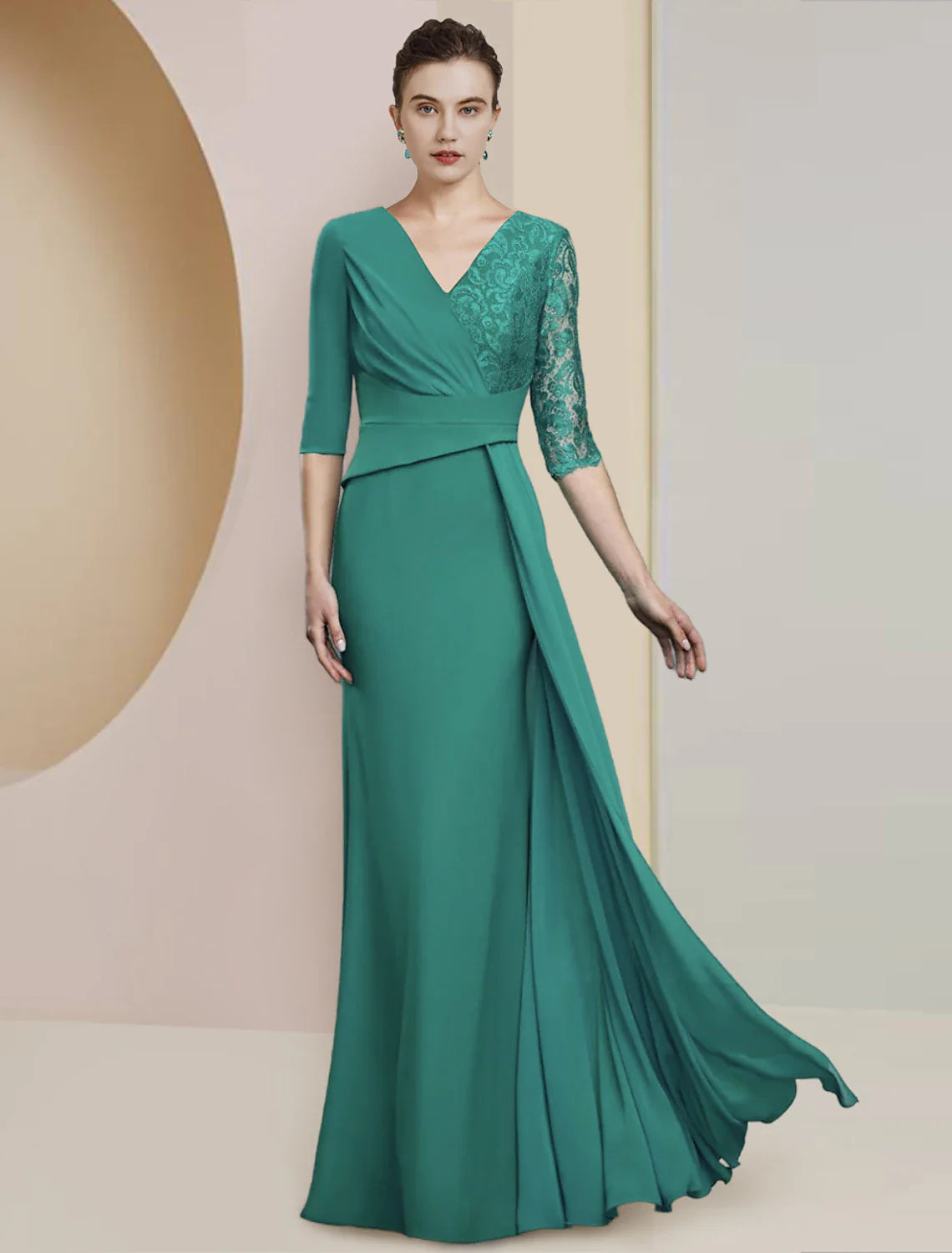 Aimishang Sheath / Column Mother of the Bride Dress Formal Wedding Guest Party Elegant V Neck Floor Length Chiffon Lace Half Sleeve with Ruching