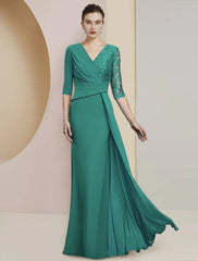 Aimishang Sheath / Column Mother of the Bride Dress Formal Wedding Guest Party Elegant V Neck Floor Length Chiffon Lace Half Sleeve with Ruching