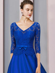 A-Line Mother of the Bride Dress Formal Wedding Guest Party Elegant V Neck Tea Length Satin Lace Half Sleeve with Bow(s) Appliques