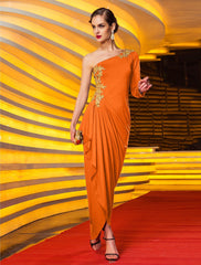 Sheath / Column Celebrity Style Party Wear Formal Evening Dress One Shoulder Long Sleeve Ankle Length Jersey with Beading Draping Appliques