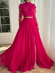 A-Line/Princess High Neck Long Prom Dresses With Split Side Sexy