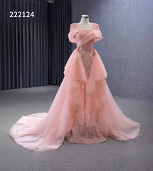 Pink Beaded Mermaid Prom Dress Removable Overskirt Wedding Dresses 222124