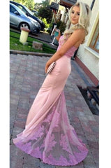 Pink High Neck Mermaid Sleeveless Prom with Lilac Lace Applique Bridesmaid Dress