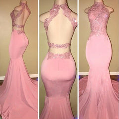 Pink High Neck Open Back Sleeveless Appliques Prom Dresses