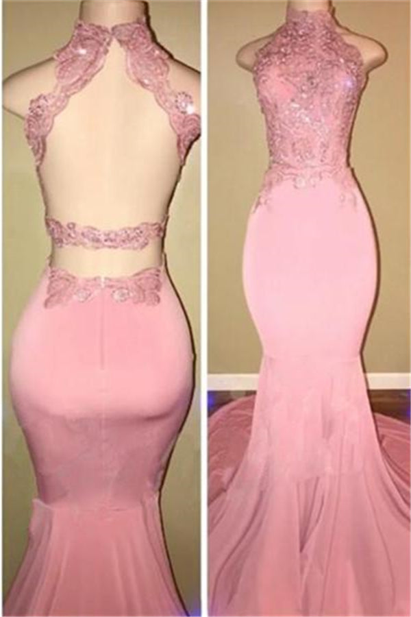 Pink High Neck Open Back Sleeveless Appliques Prom Dresses