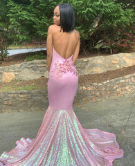 Pink V-Neck Sequins Sleeveless Flower Backless Prom Dress