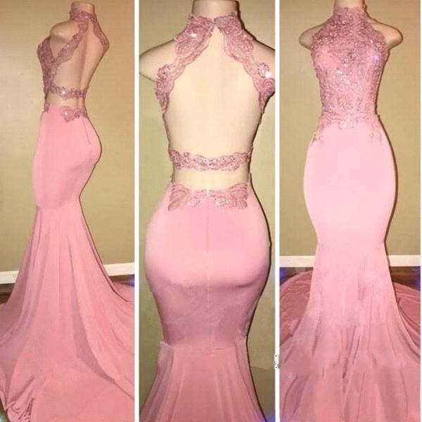 2024 High-Neck Mermaid Long Pink Prom Dresses