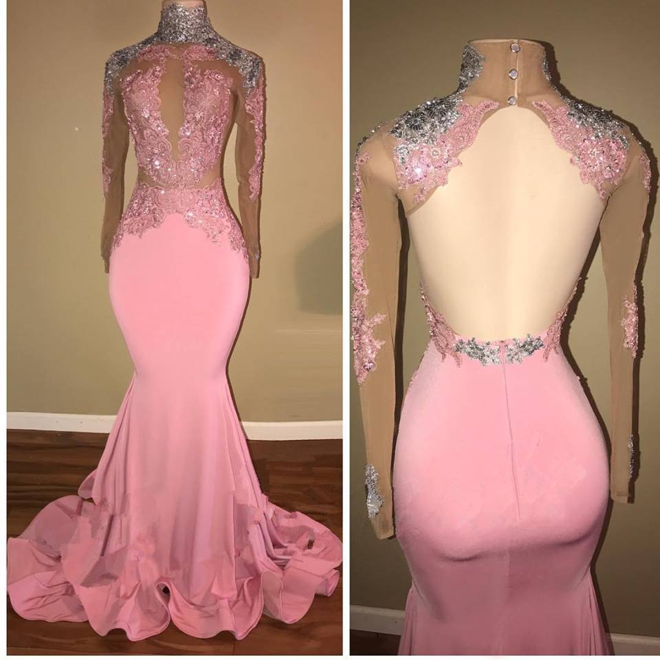 2024 High Neck Backless Pink Lace Prom Dresses Beaded