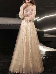 A-Line Prom Dresses Glittering Dress Wedding Guest Prom Floor Length Long Sleeve High Neck Tulle with Beading Appliques 2025