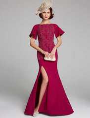 Aimishang Mermaid / Trumpet Mother of the Bride Dress Bateau Neck Floor Length Chiffon Lace Short Sleeve with Lace Split Front