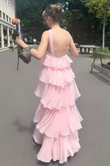 Princess A Line Halter Neck Pink Chiffon Long Prom Dresses