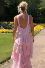 Princess A Line Halter Neck Pink Chiffon Long Prom Dresses