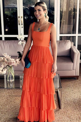 Gorgeous A Line Square Neck Chiffon Orange Long Prom Dresses