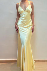 Simple Sheath V Neck Yellow Satin Mermaid Long Prom Dresses