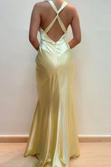 Simple Sheath V Neck Yellow Satin Mermaid Long Prom Dresses