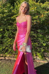 Mermaid Spaghetti Straps Fuchsia Long Satin Prom Dresses