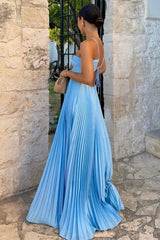 A Line Halter Neck Blue Chiffon Long Party Dresses