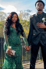 Plus Size Dark Green Lace Appliques Mermaid V-Neck Prom Dress