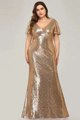 Plus Size Gold Sequins Mermaid Evening Prom Dress