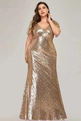 Plus Size Gold Sequins Mermaid Evening Prom Dress