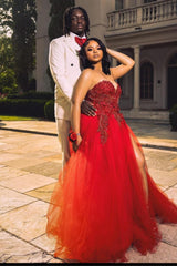 Plus Size Red Sweetheart Tulle Appliques Beads Prom Dress