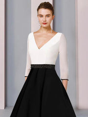 A-Line Mother of the Bride Dress Wedding Guest Elegant V Neck Tea Length Chiffon Satin Short Sleeve with Sash / Ribbon Color
