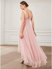 A-Line Bridesmaid Dress V Neck Sleeveless Elegant Short / Mini Lace / Tulle with Draping / Ruching  / High Low