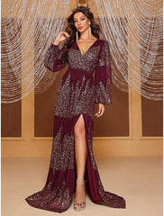 Sheath / Column Evening Gown Elegant Dress Formal Sweep / Brush Train Long Sleeve V Neck Polyester with Pleats Sequin Slit
