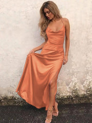 A-Line Spaghetti Straps Sleeveless Floor-Length With Ruffles NS  Woven Satin Dresses