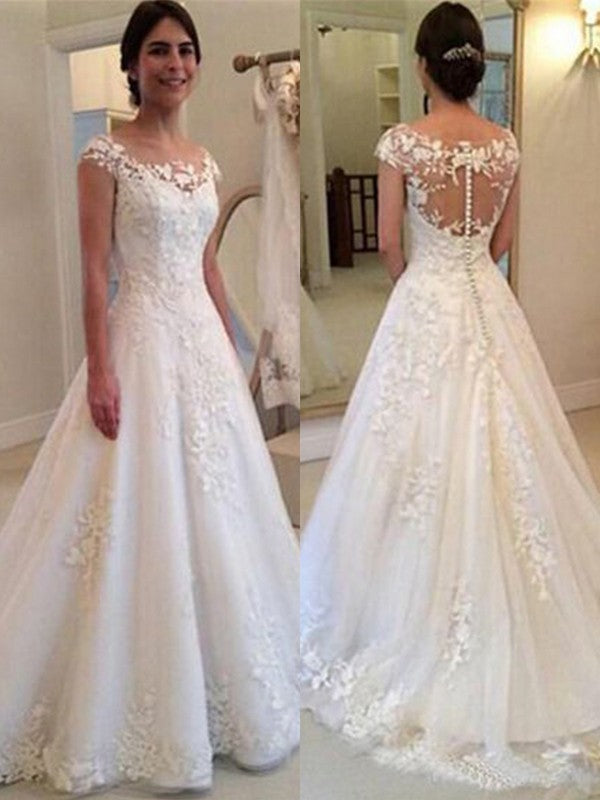 Aimishang A-Line/Princess Scoop Sleeveless Sweep/Brush Train Lace Tulle Wedding Dresses
