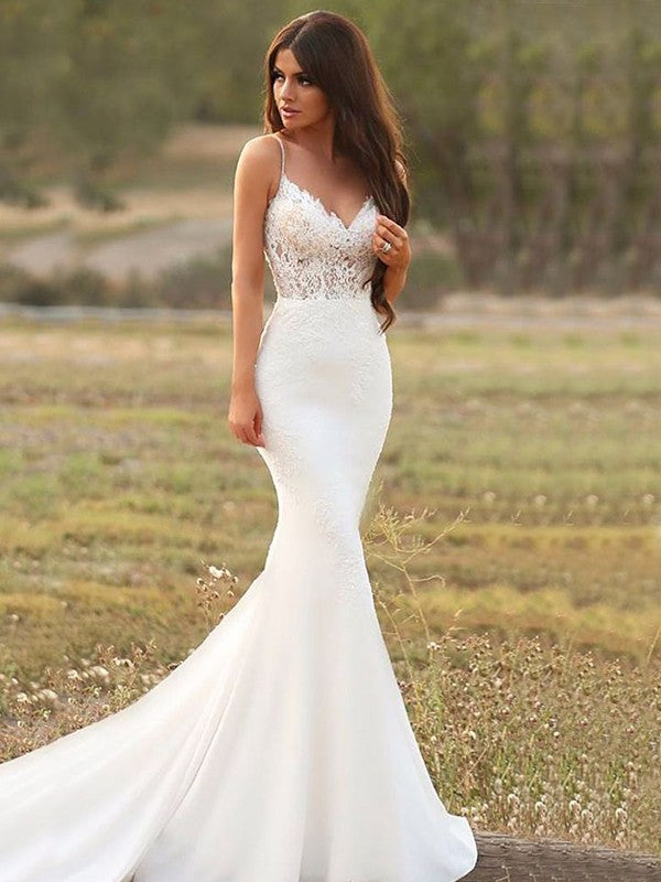 Aimishang  rumpet/Mermaid Stretch Crepe Applique Spaghetti Straps Sleeveless Court Train Wedding Dresses