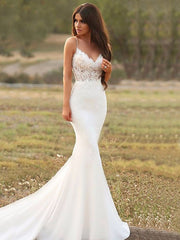 Aimishang  rumpet/Mermaid Stretch Crepe Applique Spaghetti Straps Sleeveless Court Train Wedding Dresses
