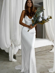 Aimishang Sheath/Column Woven Satin Ruched Spaghetti Straps Sweep/Brush Train Sleeveless Wedding Dresses