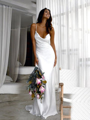 Aimishang Sheath/Column Woven Satin Ruched Spaghetti Straps Sweep/Brush Train Sleeveless Wedding Dresses