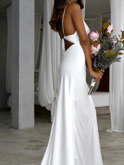Aimishang Sheath/Column Woven Satin Ruched Spaghetti Straps Sweep/Brush Train Sleeveless Wedding Dresses