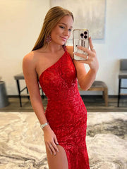 Sheath/Column Lace One-Shoulder Sleeveless Sweep/Brush Train Dresses