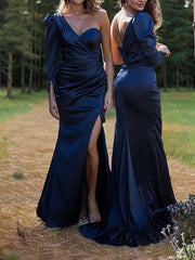 Satin Ruched One-Shoulder Sleeveless Sweep/Brush Train Bridesmaid Dresses