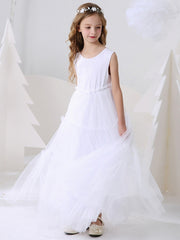 Polyester Ball Gown Sleeveless Dress with Jewel Flower Print for Girls