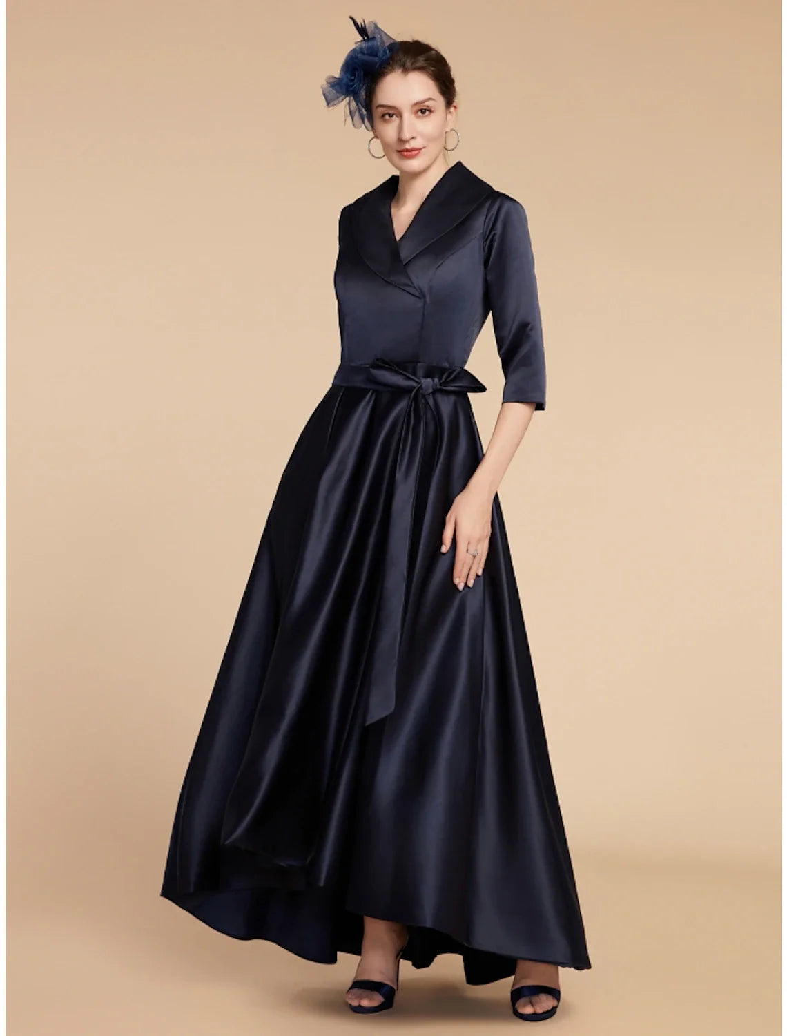 Aimishang  A-Line Mother of the Bride Dress Wedding Guest Elegant V Neck Ankle Length Satin Half Sleeve with Sash / Ribbon Ruching Solid Color