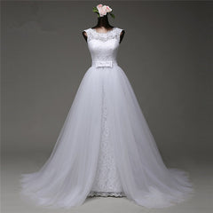 Popular Jewel Sleeveless Lace Long Wedding Dress with Overskirt
