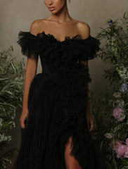 Aimishang A-Line Prom Dresses Formal Women's Dresses Black Formal Dress Floor Length Sleeveless Off Shoulder Tulle with Ruched