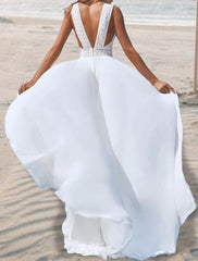 Aimishang Beach Open Back Boho Wedding Dresses A-Line V Neck Sleeveless Floor Length Chiffon Bridal Gowns With
