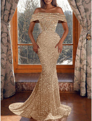 Aimishang Mermaid Party Dress Evening Gown Sparkle & Shine Dress Prom Birthday Asymmetrical Short Sleeve Off Shoulder Sequined with Sequin