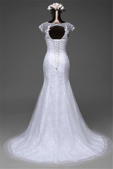 Pretty Jewel Lace Long Mermaid Wedding Dress With Overskirt