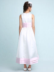 Princess A-Line Jewel Neck Satin Junior Bridesmaid Dress with Sash Ribbon Ruched Ruffles for Spring Summer Fall Winter Weddings