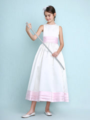 Princess A-Line Jewel Neck Satin Junior Bridesmaid Dress with Sash Ribbon Ruched Ruffles for Spring Summer Fall Winter Weddings
