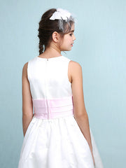 Princess A-Line Jewel Neck Satin Junior Bridesmaid Dress with Sash Ribbon Ruched Ruffles for Spring Summer Fall Winter Weddings