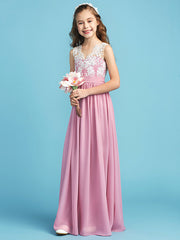 Princess A-Line Queen Anne Floor Length Chiffon Lace Junior Flower Girl Dress With Lace Pleats