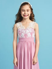 Princess A-Line Queen Anne Floor Length Chiffon Lace Junior Flower Girl Dress With Lace Pleats